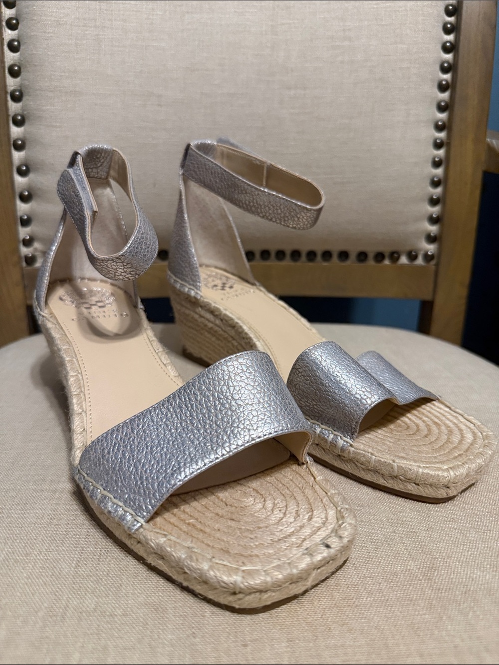 Vince Camuto Metallic Silver Ankle-Strap Espadrille Wedges, Size 9M